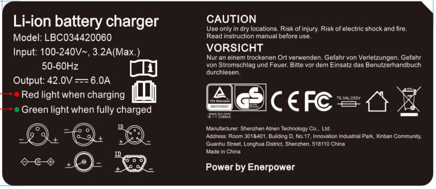 Atnen Charger 42V 6A XLR-3 for 36V Batteries Li-Ion (CB, GS,) DC 5,5 x 2,1 mm