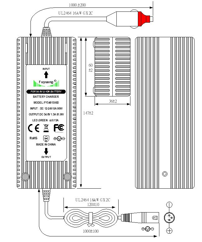 54-6V_1-5A Fuyuang 12V-24V Ladegerät (54,6V) für Akkus Li-Ion 48V 1,5A XLR-3