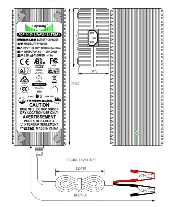 20A Ladegerät für 12V Akkus LiFePO4 Krokodil (300W) 4S