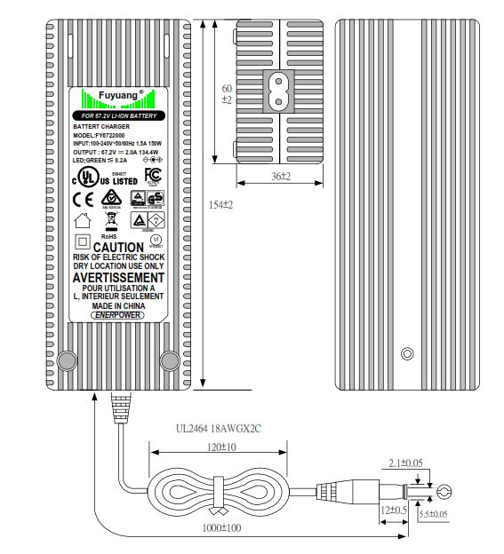 Ladegerät 67,2V für Li-Ion-Akkus 60V 2A 140W