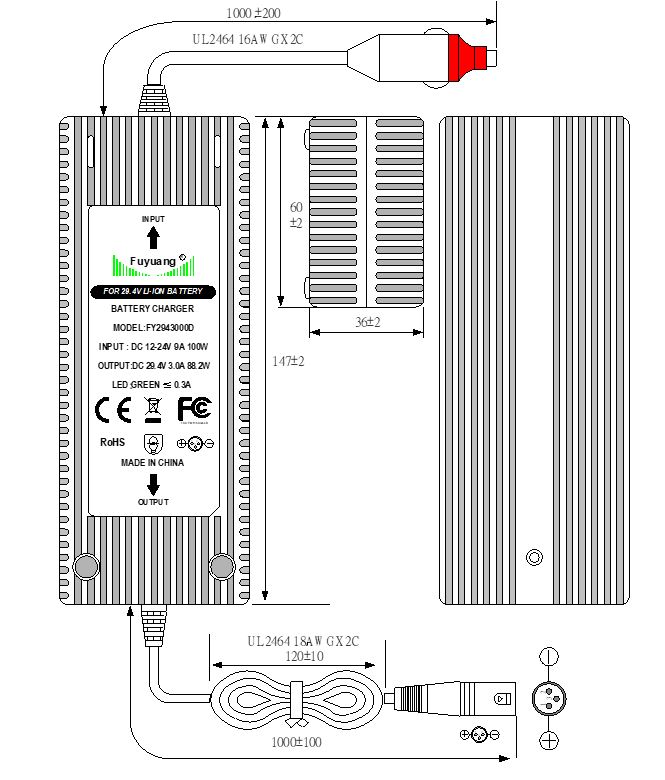 29-4V_3A Fuyuang 12V-24V Ladegerät (29,4V) für Akkus Li-Ion 24V 3A DC Rundstecker