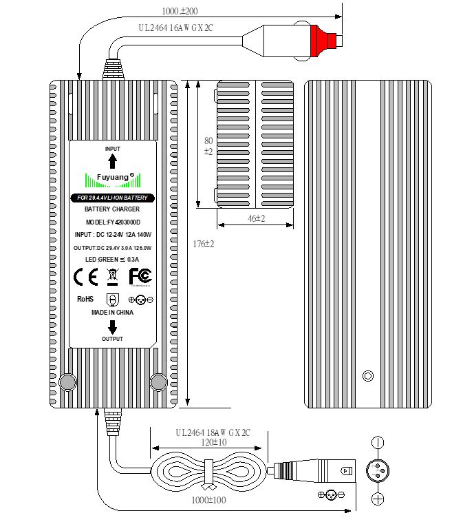 42V_3A Fuyuang 12V-24V Ladegerät (42V) für Vanmoof S3 / X3 Akkus Li-Ion 36V 3A