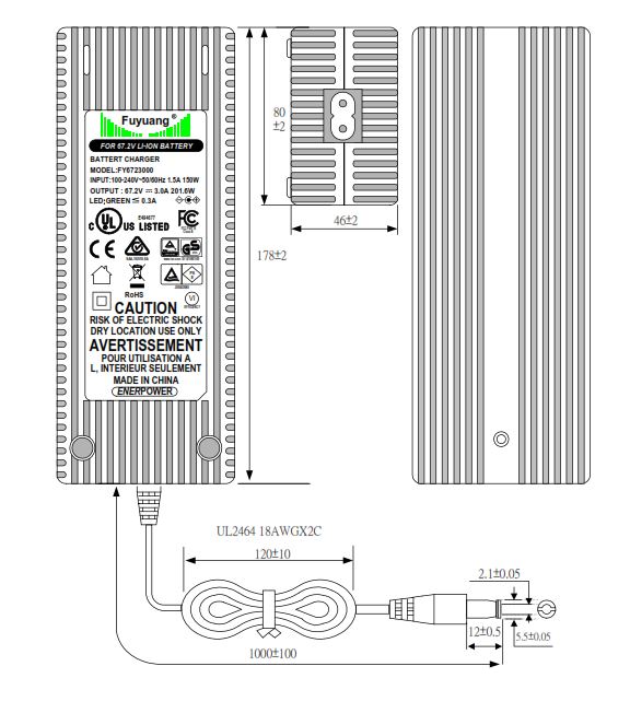 Ladegerät 67,2V für Li-Ion-Akkus 60V 3A 210W